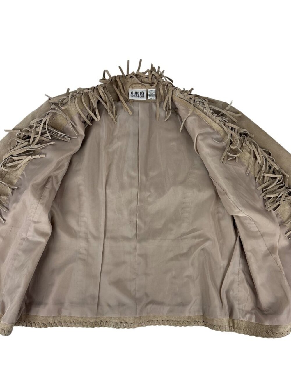 Chico's Suede Leather Fringe Western Jacket Size 2 Large Whipstitch Open Front - Picture 7 of 12